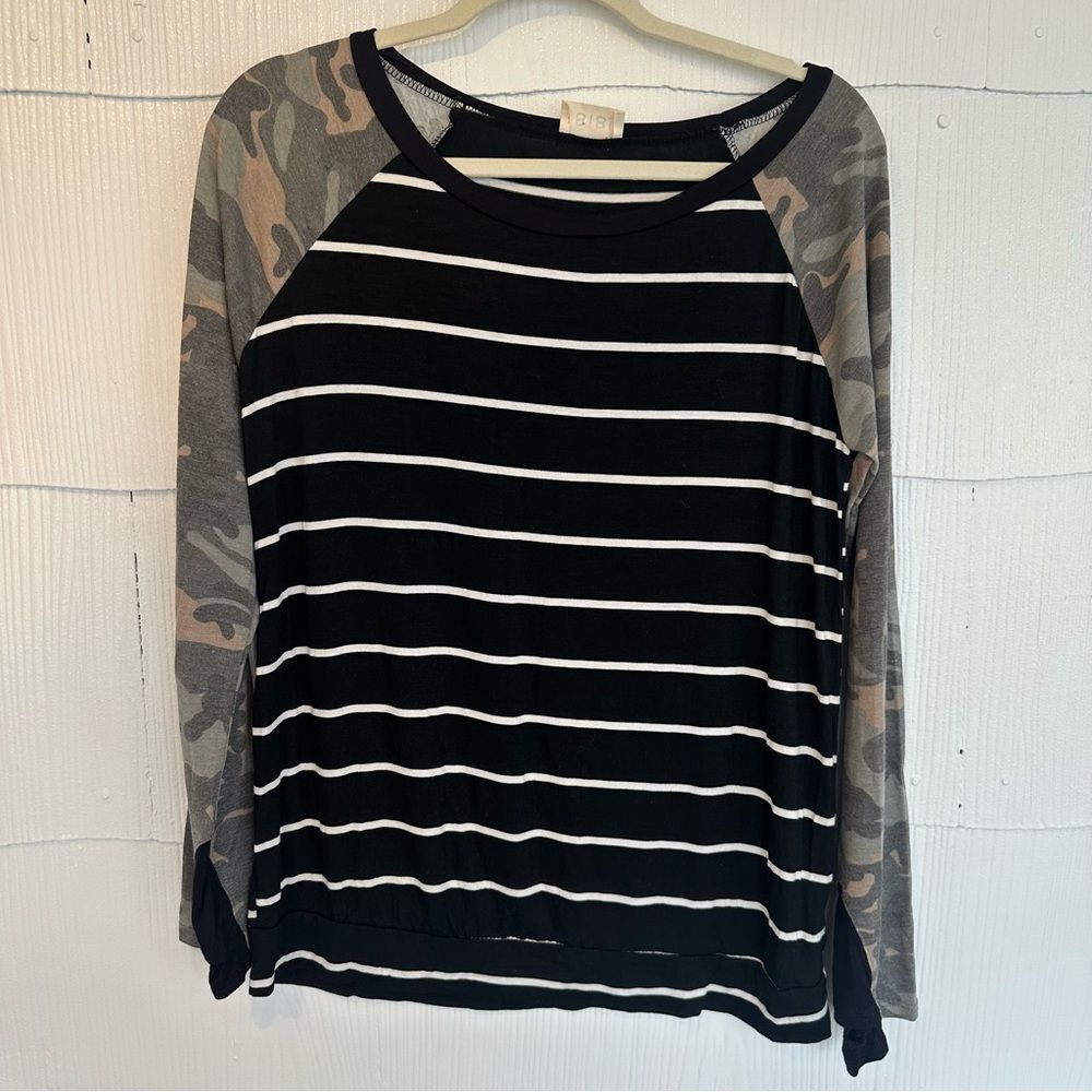 Bibi Women’s Small Long Sleeve Shirt Black White Striped Camo Top Blouse Casual